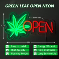 Moodlion Open Neon Sign Neon Signs For Wall Decor Dimmable Neon Green Leaf Led Signs For Bedroom Aesthetic Light Up Neon Sign