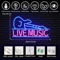 Horseneon Guitar Neon Signs For Wall Decor Live Music Neon Lights For Bedroom Guitar Led Light Up Sign With Usb Powered For Musi