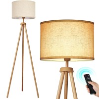 Outon Wood Tripod Floor Lamp, Mid Century Floor Lamp With Remote Control, 4 Color Temperature, Led Modern Dimmable Tall Standing Lamp With Beige Linen Texture Shade For Living Room, Bedroom, Office