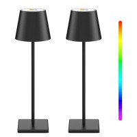 Howskys 2 Pack Led Rechargeable Dimmable Table Lamp 3000K+Rgb, Ip54 Wireless Touch Table Lamp For Indoor And Outdoor, 5500 Mah Portable Metal For Family, Restaurant & Bar(Black)