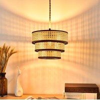 Xininsun 3-Tier Plug In Pendant Light, Hanging Light With With Plug In Cord, Dimmable Switch, Rattan Wicker Woven Lampshade, Plug In Ceiling Light Fixture For Bedroom Living Room, 2Pack(Brown)