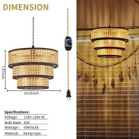 Xininsun 3-Tier Plug In Pendant Light, Hanging Light With With Plug In Cord, Dimmable Switch, Rattan Wicker Woven Lampshade, Plug In Ceiling Light Fixture For Bedroom Living Room, 2Pack(Brown)