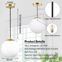 Kokoyukina Modern Globe Pendant Light White Glass With Brass Finish Contemporary Mid Century Adjustable Hanging Light Fixture F