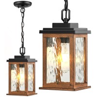 Vianis Outdoor Pendant Light Fixtures, Wood Grain Outdoor Hanging Lights Lantern, Outdoor Ceiling Lights For Porch With Waterproof, Aluminum Porch Lights Outdoor Ceiling With Water Ripple Glass