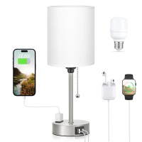 Dicoool White Bedside Lamp For Bedroom - 3 Color Temperatures Desk Lamp With Usb C And A Ports, Pull Chain Table Lamp With Ac Outlet, Nightstand Lamp With Silver Metal Base For Kids Girls