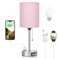 Dicoool Pink Bedroom Lamp For Bedside - 3 Color Temperatures Desk Lamp With Usb C And A Ports, Pull Chain Table Lamp With Ac Outlet, Nightstand Lamp With Silver Metal Base For Kids Girls