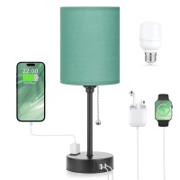 Dicoool Green Table Lamps 3 Color Temperatures - 2700K 3500K 5000K Bedside Lamp With Usb C And A Ports, Pull Chain Lamp For Bedroom With Ac Outlet, Nightstand Lamp With Black Metal Base For Kids Boys