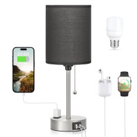 Dicoool Black Table Lamp For Bedroom - 3 Color Temperature Bedside Lamp With Usb C And A Ports, Pull Chain Lamp For Bedroom With Ac Outlet, Nightstand Lamp With Silver Metal Base For Kids Boys