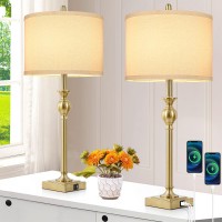 Tobusa 28 Gold Table Lamps Set Of 2 Tall Bedside Lamps With Dual Usb Charging Ports Modern Nightstand Lamps With Square Bra