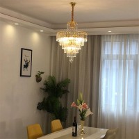 Crystop Luxurious Gold Dining Room Light Fixtures Over Table, Beautiful 5-Tier Ceiling Light Fixture Pendant Lamp Crystal Gold Chandelier For Foyer Living Room W15.7 X H23.6