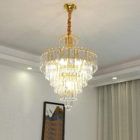 Crystop Luxurious Gold Dining Room Light Fixtures Over Table, Beautiful 5-Tier Ceiling Light Fixture Pendant Lamp Crystal Gold Chandelier For Foyer Living Room W15.7 X H23.6