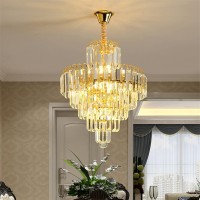 Crystop Luxurious Gold Dining Room Light Fixtures Over Table, Beautiful 5-Tier Ceiling Light Fixture Pendant Lamp Crystal Gold Chandelier For Foyer Living Room W15.7 X H23.6