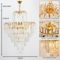 Crystop Luxurious Gold Dining Room Light Fixtures Over Table, Beautiful 5-Tier Ceiling Light Fixture Pendant Lamp Crystal Gold Chandelier For Foyer Living Room W15.7 X H23.6