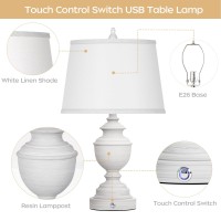 Vpazg Table Lamps Set Of 2 Modern Farmhouse Nightstand Lamp With Usb Ports 3Way Dimmable Touch Control Washed White Bedside L