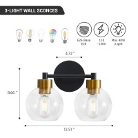 Black And Gold Bathroom Light Fixtures 2 Lights Bathroom Vanity Light Black Round Finish Clear Globe Glass Shades Wall Sconce