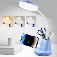 Sailstar Blue Desk Lamp, Small Desk Lamp With Pen Holder, Wireless Charger Led Desk Lamps For Home Office, 800Lm Gooseneck 3 Modes Dimmable Touch Kids Cute Desk Lamp, Study Lamp For College Dorm Room