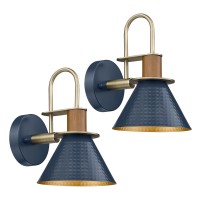 Rustic Wall Sconces Set Of Two, Hwh Indoor Wall Sconce 1-Light Barn Vanity Light, Gooseneck Barn Wall Lamp For Bathroom Bedroom Kitchen, Hammered Metal Shade, Navy Blue Finish, 5Hzg74B-2L Bl+Bg