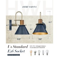 Rustic Wall Sconces Set Of Two, Hwh Indoor Wall Sconce 1-Light Barn Vanity Light, Gooseneck Barn Wall Lamp For Bathroom Bedroom Kitchen, Hammered Metal Shade, Navy Blue Finish, 5Hzg74B-2L Bl+Bg