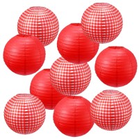 Picnic Party Decorations Red Paper Lanterns Checkered Round Hanging Lanterns For I Do Bbq Pizza Party Decorations Red And White Party Supplies (White And Red Plaid, Pure Red, 24 Pieces)