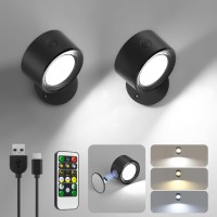 Lightbiz Led Wall Mounted Lights 2 Pcs With Remote, Sconces Lamp 3000Mah Rechargeable Battery Operated, 3 Color Temperatures & Dimmable Magnetic 360 Rotation Cordless For Bedroom Bedside