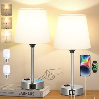 Table Lamps For Bedrooms Set Of 2 Bedside Nightstand With Usb C Port And Ac Outlet Charging Dimmable Touch Small White End Si