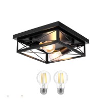 Oneleja Black Rustic Flush Mount Ceiling Light Fixture 2 Lights Industrial Square Metal Cage Farmhouse Ceiling Light For Hallwa