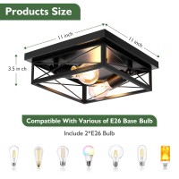 Oneleja Black Rustic Flush Mount Ceiling Light Fixture 2 Lights Industrial Square Metal Cage Farmhouse Ceiling Light For Hallwa