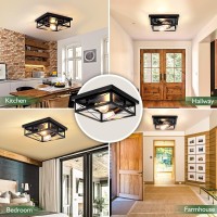 Oneleja Black Rustic Flush Mount Ceiling Light Fixture 2 Lights Industrial Square Metal Cage Farmhouse Ceiling Light For Hallwa