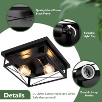 Oneleja Black Rustic Flush Mount Ceiling Light Fixture 2 Lights Industrial Square Metal Cage Farmhouse Ceiling Light For Hallwa