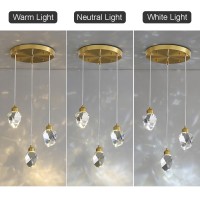 Sxtiger Modern Crystal Pendant Light, 3-Color Led Crystal Pendant Lamp, Adjustable Height Gold Ceiling Hanging Lamp, For Kitchen Island Living Room Dining Room Lighting (3-Head Round Base)