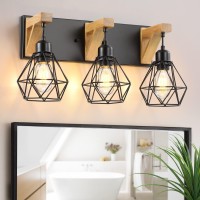 3-Light Farmhouse Vanity Light For Bathroom, Wood Bathroom Light Fixtures Over Mirror, Rustic Sconces Wall Lighting With Elegant Metal Lampshade For Living Room, Bedroom, Hallway