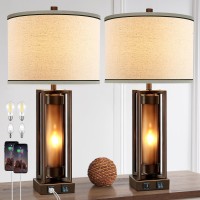 Roriano Rustic Table Lamps For Living Room Set Of 2 With 2 Usb Ports Farmhouse Vintage Nightstand Lamp With Amber Glass Night L