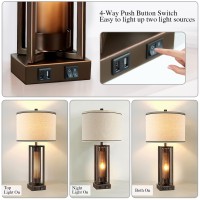 Roriano Rustic Table Lamps For Living Room Set Of 2 With 2 Usb Ports Farmhouse Vintage Nightstand Lamp With Amber Glass Night L