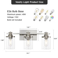 Dadul 3Light Bathroom Vanity Light Brushed Nickel Bathroom Lights Fixtures Over Mirror Vanity Lights Wall Mount With Clear Gl