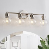 Bathroom Light Fixtures, 4 Lights Bathroom Vanity Light Brushed Nickel Round Finish, Bathroom Vanity Lights With Clear Globe Glass Shades, Wall Sconce For Mirror, Bedroom, Living Room, Kitchen