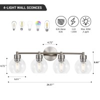 Bathroom Light Fixtures, 4 Lights Bathroom Vanity Light Brushed Nickel Round Finish, Bathroom Vanity Lights With Clear Globe Glass Shades, Wall Sconce For Mirror, Bedroom, Living Room, Kitchen