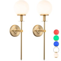 Tumgog Battery Operated Wall Sconces Set Of 2 Gold Glass Globe Rechargeable Wireless Wall Light Fixture With Remote 10 Colors Mo