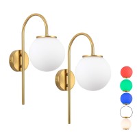 Tumgog Battery Operated Wall Sconces Set Of 2 Not Hardwired Brass Gold White Glass Globe Wall Lamp Wireless Lights Fixture For