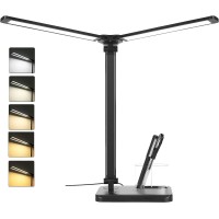 Woputne Desk Lamp, Dual Head Desk Light, 5 Lighting Colors & 10 Brightness Reading Light, Led Desk Lamp For Home Office, Table Lamp For Bedroom Desktop, Study, Craft, Black