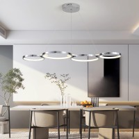 Jsxl Modern Pendant Lights Kitchen Island Chrome, 4 Rings Dimmable Led Hanging Lamp, 3000K-6000K With Remote Contro Chandelier, Adjustable Pendant Light Fixtures For Dining Room, Bedroom (60 W, 42 In)