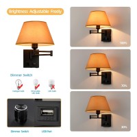 Swing Arm Wall Sconces Plugin Wall Lamp Bedroom Wall Lamp White Fabric Shade With Dimmable Switch And Usb Charging Port Suit