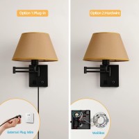 Swing Arm Wall Sconces Plugin Wall Lamp Bedroom Wall Lamp White Fabric Shade With Dimmable Switch And Usb Charging Port Suit