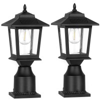 Solar Post Lights Outdoor, 2 Pack Waterproof Metal Solar Fence Lights With Pier Mount Base, 3000K Dusk To Dawn Solar Lights For Outside Deck Fence Yard Garden Patio Decor