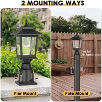 Solar Post Lights Outdoor, 2 Pack Waterproof Metal Solar Fence Lights With Pier Mount Base, 3000K Dusk To Dawn Solar Lights For Outside Deck Fence Yard Garden Patio Decor