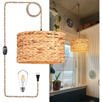 Zecoxol Rattan Plug In Pendant Light Hand Wicker Bamboo Shade,Boho Hanging Lights With Plug In Cord & Dimmable Switch,Indoor Rustic Hanging Lamp Plug In For Living Room Bedroom Dinning Kitchen Island