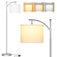 Ambimall Floor Lamps For Living Room With 3 Color Temperatures, Standing Lamp Silver With Adjustable White Shade, Tall Lamps For Living Room Bedroom Office Classroom Dorm Room, 9W Bulb Included