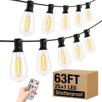 Woolmug Outdoor String Lights Total 63Ft Patio Lights 25+1 Extra Shatterproof St38 Led Vintage Edison Bulbs, Outside Lights Waterproof For Porch Deck Garden Backyard Balcony