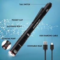 Vicbarley Rechargeable Pen Light 300 Lumens Led Pocket Rechargeable Flashlight With Clip Zoomable Waterproof Perfect For Emerg