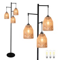 Rattan Floor Lamp 3-Light Modern Black Standing Tall Lamp Industrial Farmhouse Floor Lights,Boho Woven Rattan Shades Tree Floor Lamps With Foot Switch For Living Room Bedroom Office Include 3 Bulbs