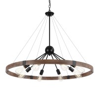 Lamqee Farmhouse Wagon Wheel Chandelier, 8-Light Rustic Round Metal High Ceiling Light Fixtures Large Chandelier For Living Room Entryway Kitchen Island (Retro Wood)